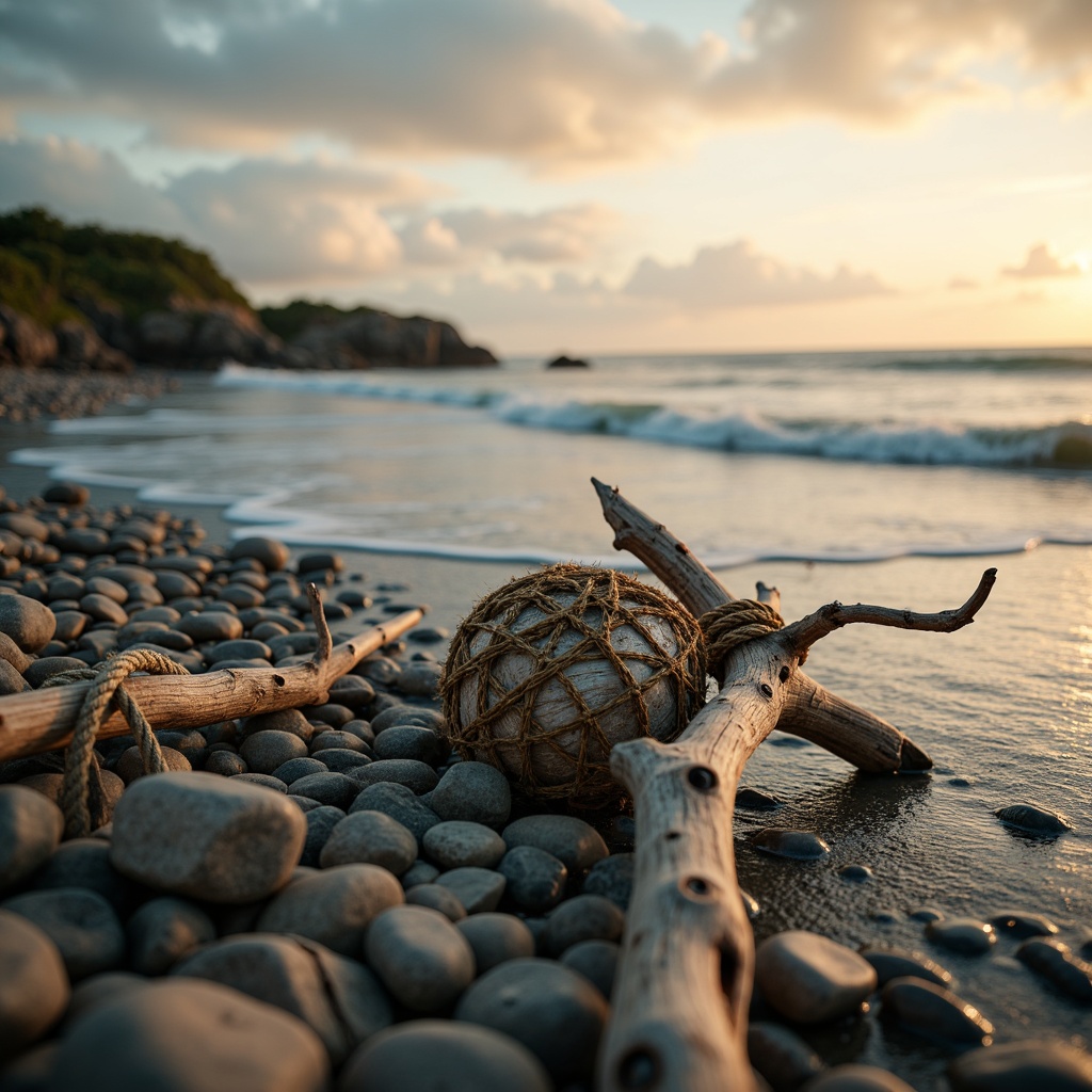 Prompt: Warm softbox lighting, gentle ocean breeze, beachy vibes, driftwood accents, nautical rope details, weathered wooden textures, sea-salt air, misty morning atmosphere, warm golden hour, subtle gradient effects, layered foggy ambiance, 1/2 composition, cinematic shallow depth of field, realistic ocean sounds, ambient occlusion, softbox sidelight, beach-inspired color palette, calming blue hues, natural linen fabrics, organic pebble patterns.