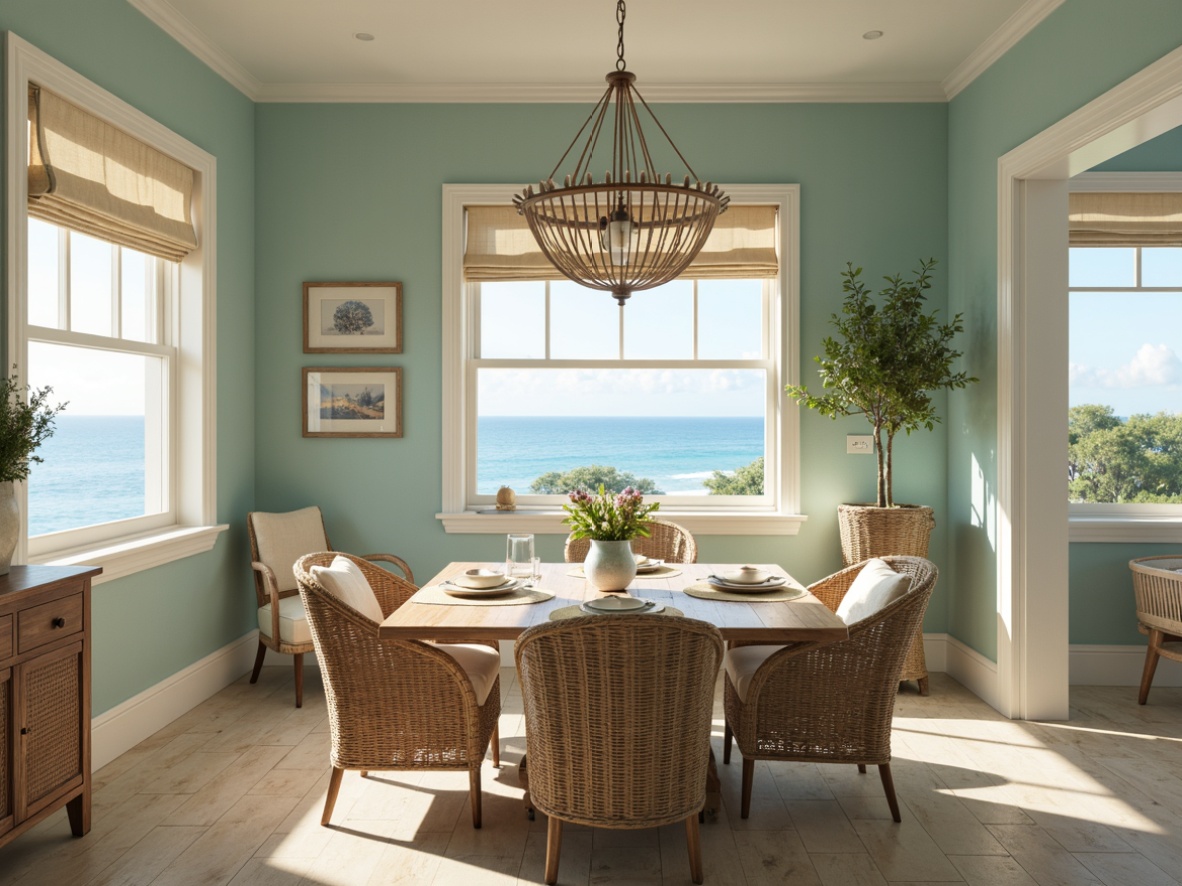 Prompt: Calming coastal dining room, soft blue-green walls, creamy white trim, warm beige flooring, natural woven furniture, driftwood accents, nautical rope details, ocean-inspired artwork, sea glass chandeliers, linen window treatments, subtle shell patterns, distressed wood textures, warm sunny day, gentle ocean breeze, soft focus, 1/1 composition, realistic reflections.