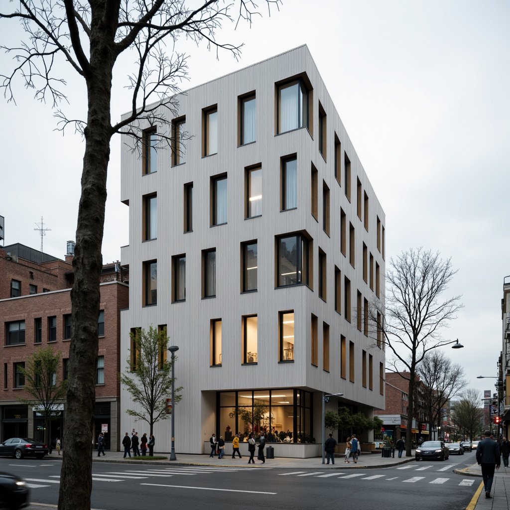 Prompt: Innovative building facade, plasticrete exterior cladding, modern architectural design, sustainable material selection, eco-friendly construction, textured surface finish, neutral color palette, urban cityscape, cloudy day, soft diffused lighting, shallow depth of field, 1/1 composition, realistic textures, ambient occlusion.