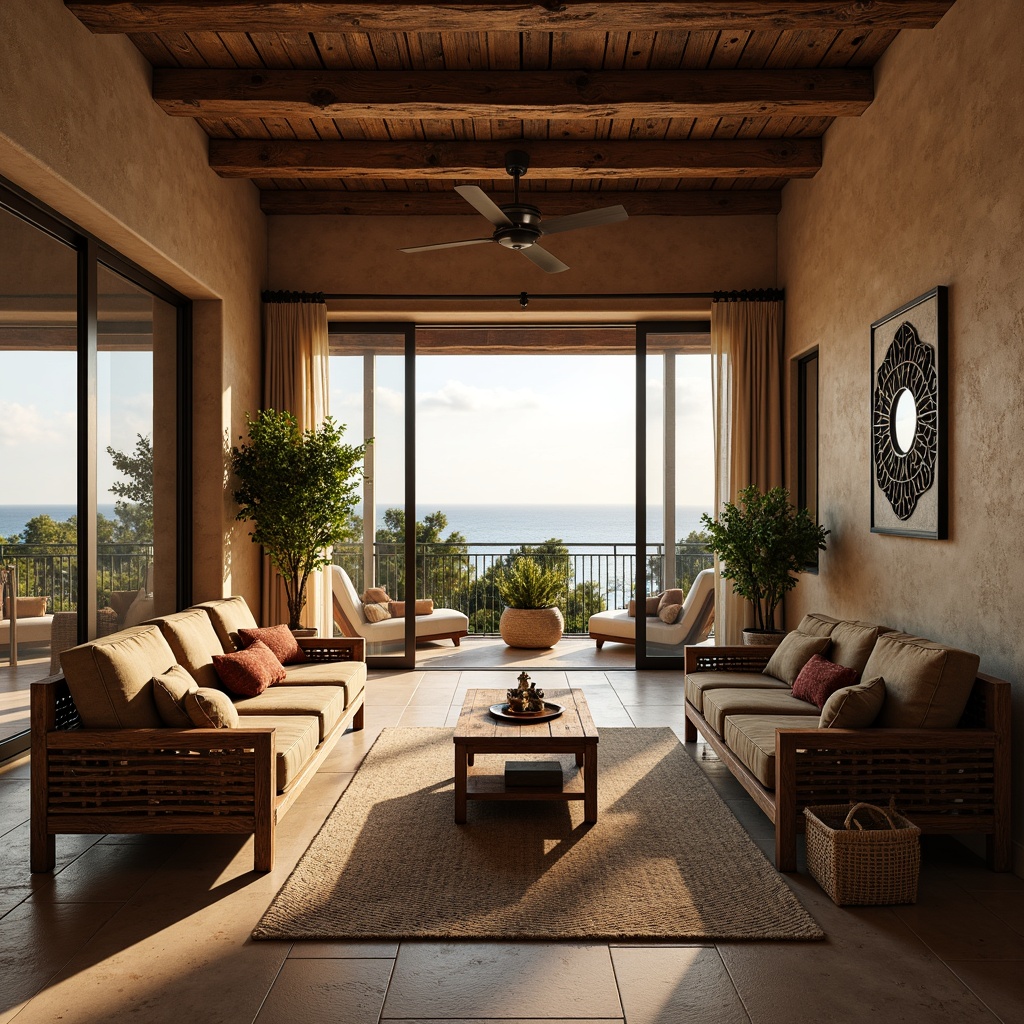 Prompt: Warm Mediterranean apartment, rustic wooden furniture, distressed finishes, ornate metal accents, plush velvet upholstery, natural stone flooring, earthy color palette, large windows, sliding glass doors, balconies with ocean views, potted plants, woven rattan baskets, soft warm lighting, shallow depth of field, 3/4 composition, panoramic view, realistic textures, ambient occlusion.