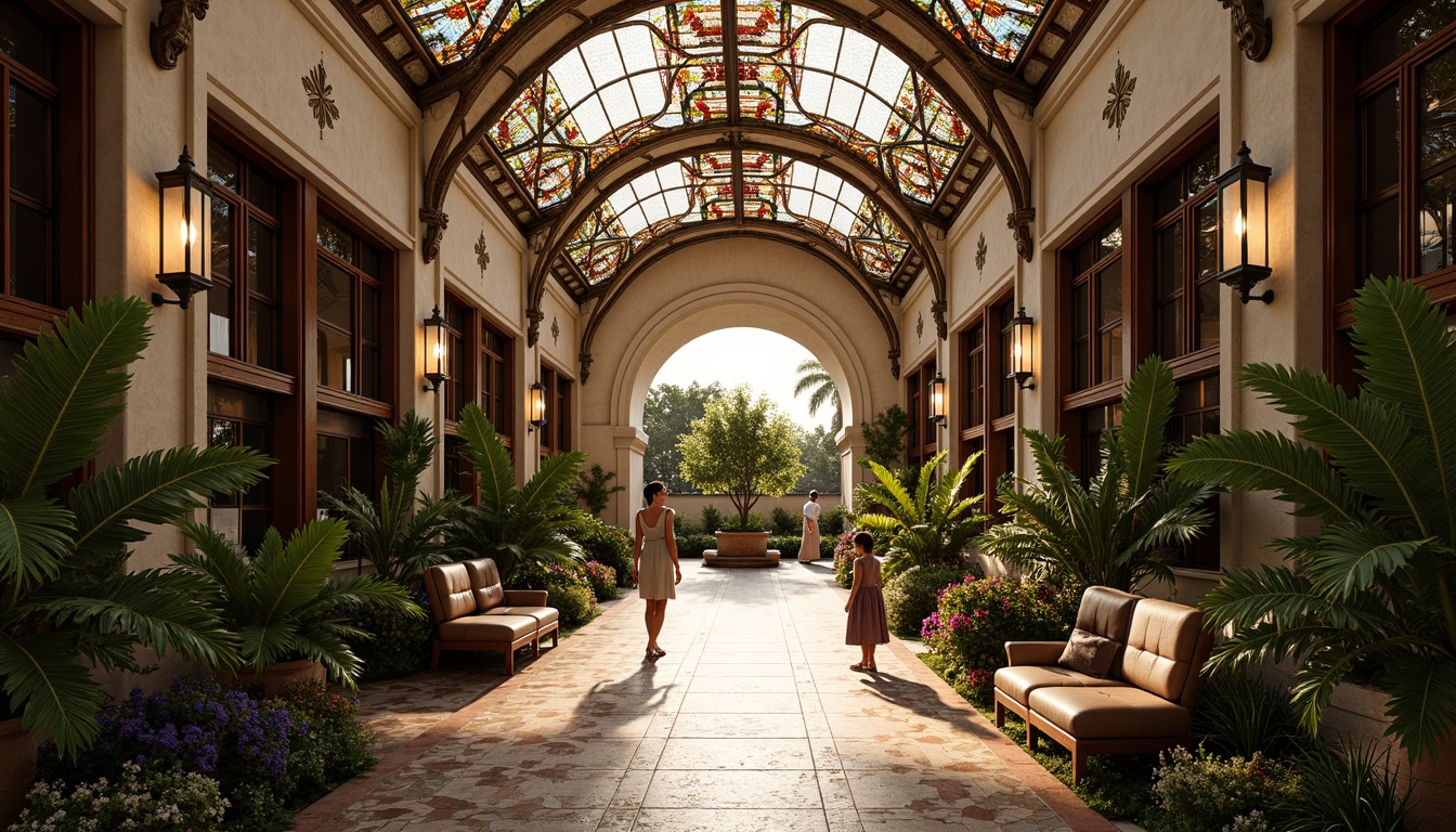 Prompt: Intricate metalwork, flowing organic lines, ornate iron gates, stained glass ceilings, grand entrance archways, mosaic tile floors, vibrant floral patterns, sinuous stone carvings, decorative lamp posts, curved wooden benches, lush greenery, tropical plants, warm golden lighting, shallow depth of field, 1/1 composition, realistic textures, ambient occlusion.