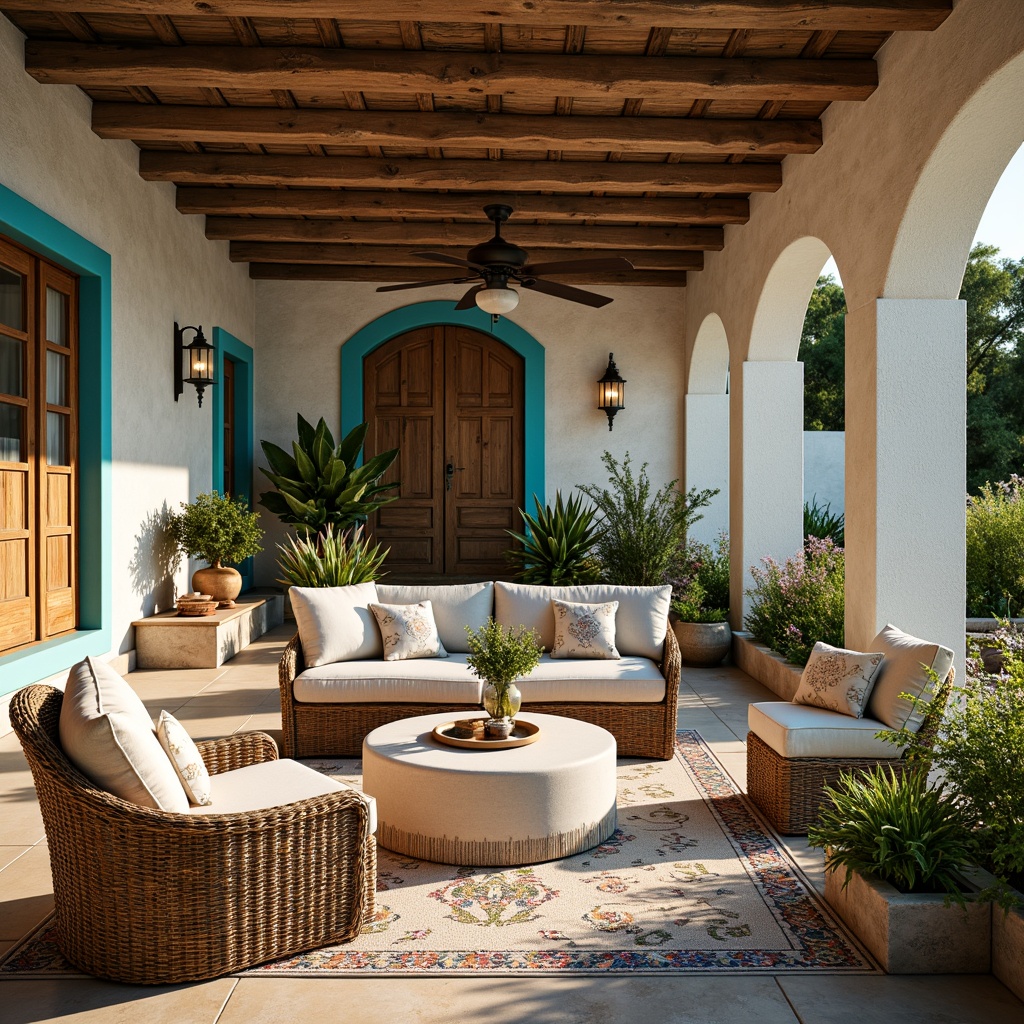 Prompt: Vibrant Mediterranean villa, rustic stone walls, turquoise accents, woven wicker furniture, plush cushions, natural linen fabrics, embroidered lace trimmings, distressed wood textures, vintage ceramics, colorful azulejo tiles, lush greenery, blooming flowers, warm sunny day, soft golden lighting, shallow depth of field, 1/1 composition, intimate setting, realistic materials, ambient occlusion.