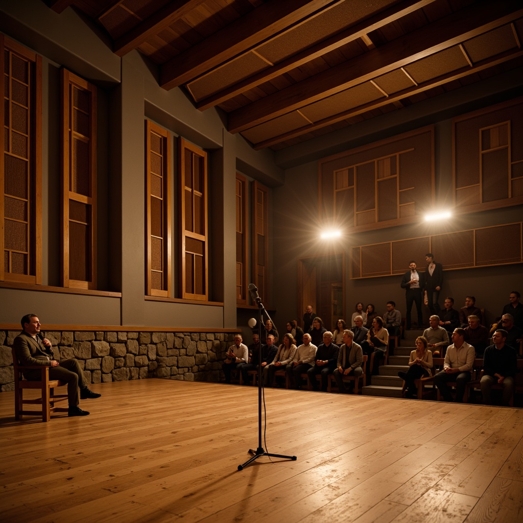 Prompt: Rustic performing arts center, wooden stage, vintage microphone, dimmable warm lighting, reclaimed wood walls, natural stone floors, earthy tone color scheme, acoustic panels with woven fabric, wooden frames, sound-absorbing materials, intimate seating arrangement, cozy atmosphere, soft spotlighting, 1/2 composition, shallow depth of field, warm golden hour lighting.