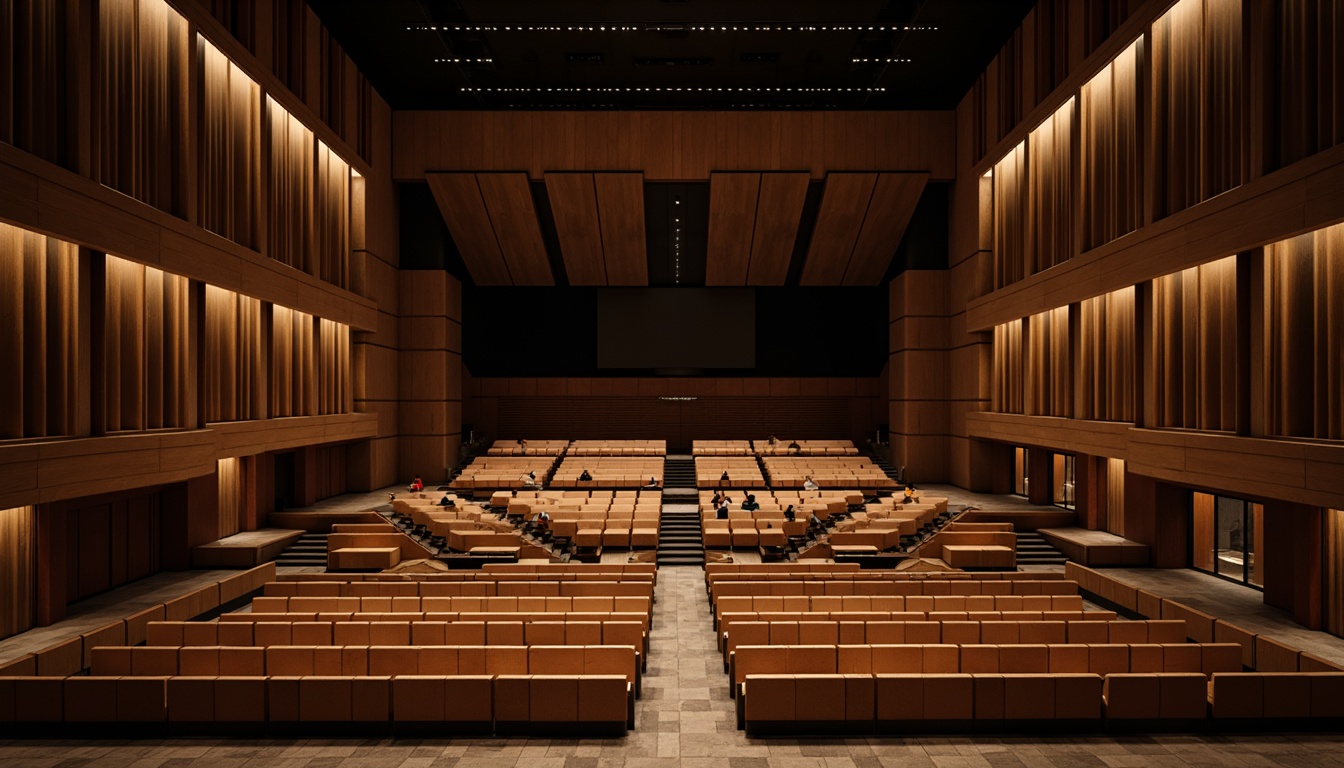 Prompt: Curved auditorium seating, wooden acoustic panels, sound-absorbing materials, fabric-wrapped walls, minimalist design, rectangular stage, professional lighting systems, dark tone color scheme, comfortable audience chairs, optimal sound quality, precise sound reflection, diffusion patterns, 3D audio simulation, realistic textures, ambient occlusion, soft warm lighting, shallow depth of field, 1/2 composition, symmetrical layout.