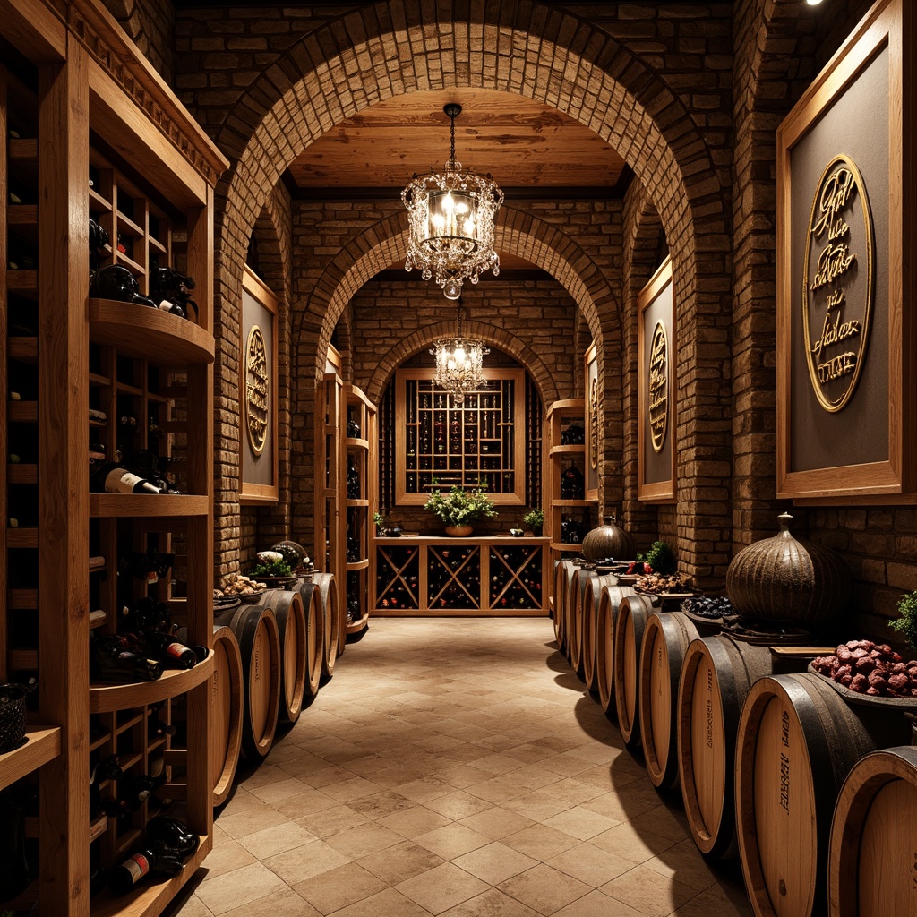 Prompt: Luxurious wine cellar, ornate wooden racks, dimly lit ambiance, rich wood tones, stone walls, brick arches, vintage wine barrels, crystal chandeliers, soft warm lighting, temperature control systems, humidification units, air purification, climate-controlled environments, rustic wooden floors, intricate carvings, grandeur architectural style, sophisticated storage solutions, premium wine preservation, elegant tasting areas, refined finishes, subtle color schemes.