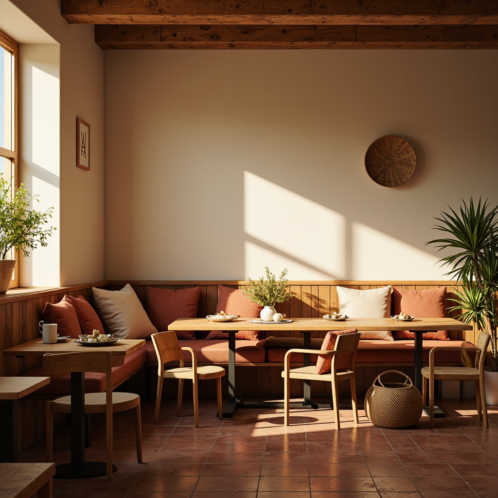 Prompt: Warm beige walls, rich wood tones, soft cream accents, earthy terracotta flooring, cozy breakfast nook, comfortable velvet pillows, natural woven baskets, vintage wooden tables, elegant metal chairs, soft golden lighting, warm morning ambiance, subtle shadowing, shallow depth of field, 1/2 composition, inviting atmosphere, realistic textures.