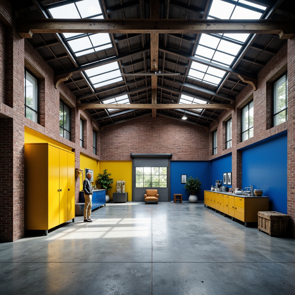 Prompt: Industrial-style garage, exposed brick walls, metal beams, polished concrete floors, vibrant yellow accents, bold blue tones, neutral gray backgrounds, rustic wooden cabinets, metallic silver hardware, natural light pouring in through skylights, warm ambient lighting, shallow depth of field, 3/4 composition, realistic textures, ambient occlusion.