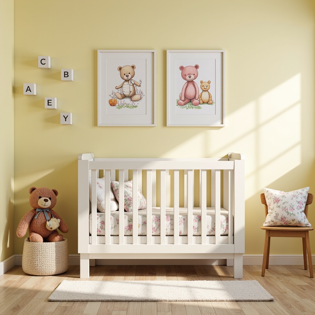 Prompt: Whimsical baby nursery, soft pastel colors, gentle teddy bears, cute baby blocks, playful alphabet letters, adorable animal illustrations, delicate floral patterns, white wooden crib, cozy plush carpet, warm yellow lighting, shallow depth of field, 1/1 composition, intimate atmosphere, realistic textures, ambient occlusion.