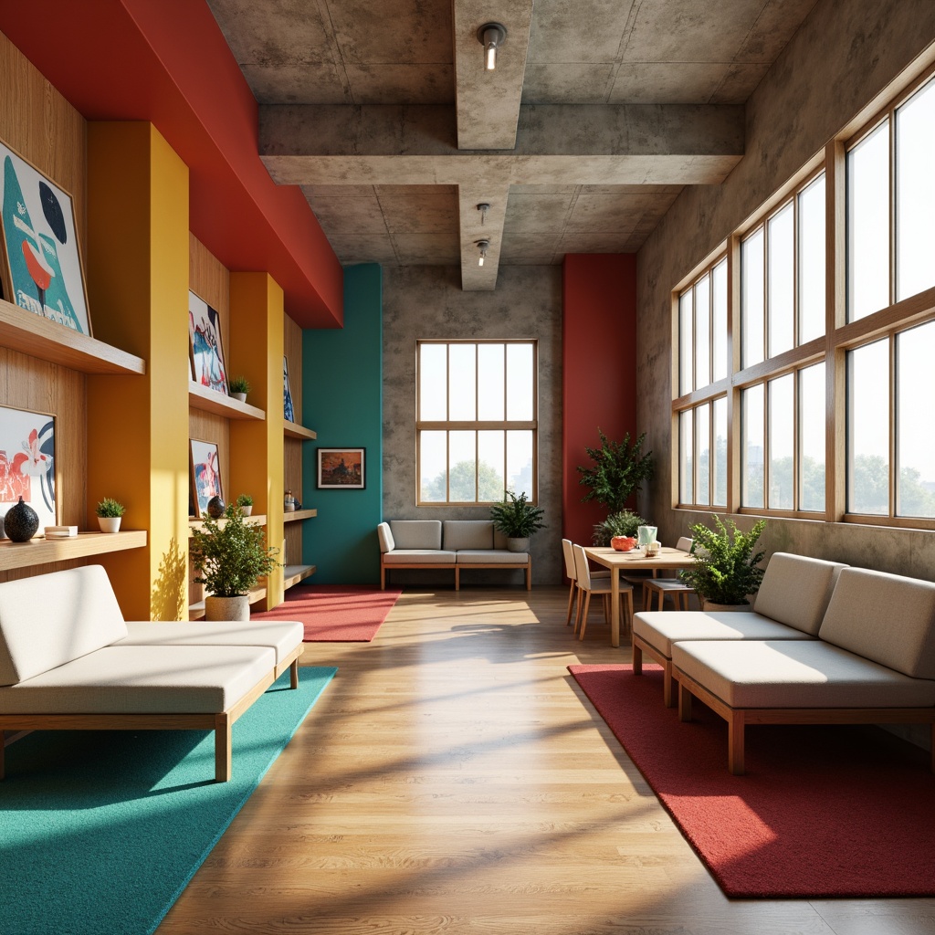 Prompt: Vibrant dormitory interior, bold geometric patterns, primary color accents, industrial metal fixtures, minimalist wooden furniture, functional shelving units, abstract artwork, brutalist concrete walls, sleek steel door handles, rectangular windows, natural light pouring in, warm beige tones, rich turquoise hues, deep crimson shades, creamy white textures, subtle grid compositions, 1/1 aspect ratio, high-contrast lighting, realistic materials rendering.