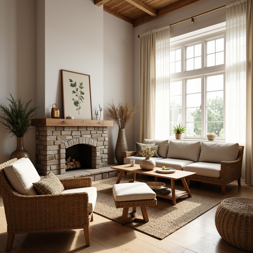 Prompt: Cozy Scandinavian living room, natural materials, wooden accents, light oak flooring, woven jute rug, linen upholstery, woven wicker furniture, rustic stone fireplace, earthy color palette, soft warm lighting, sheer curtains, minimalist decor, nature-inspired textiles, botanical prints, vintage wooden decorative items, organic shapes, 1/1 composition, soft focus, warm color grading.