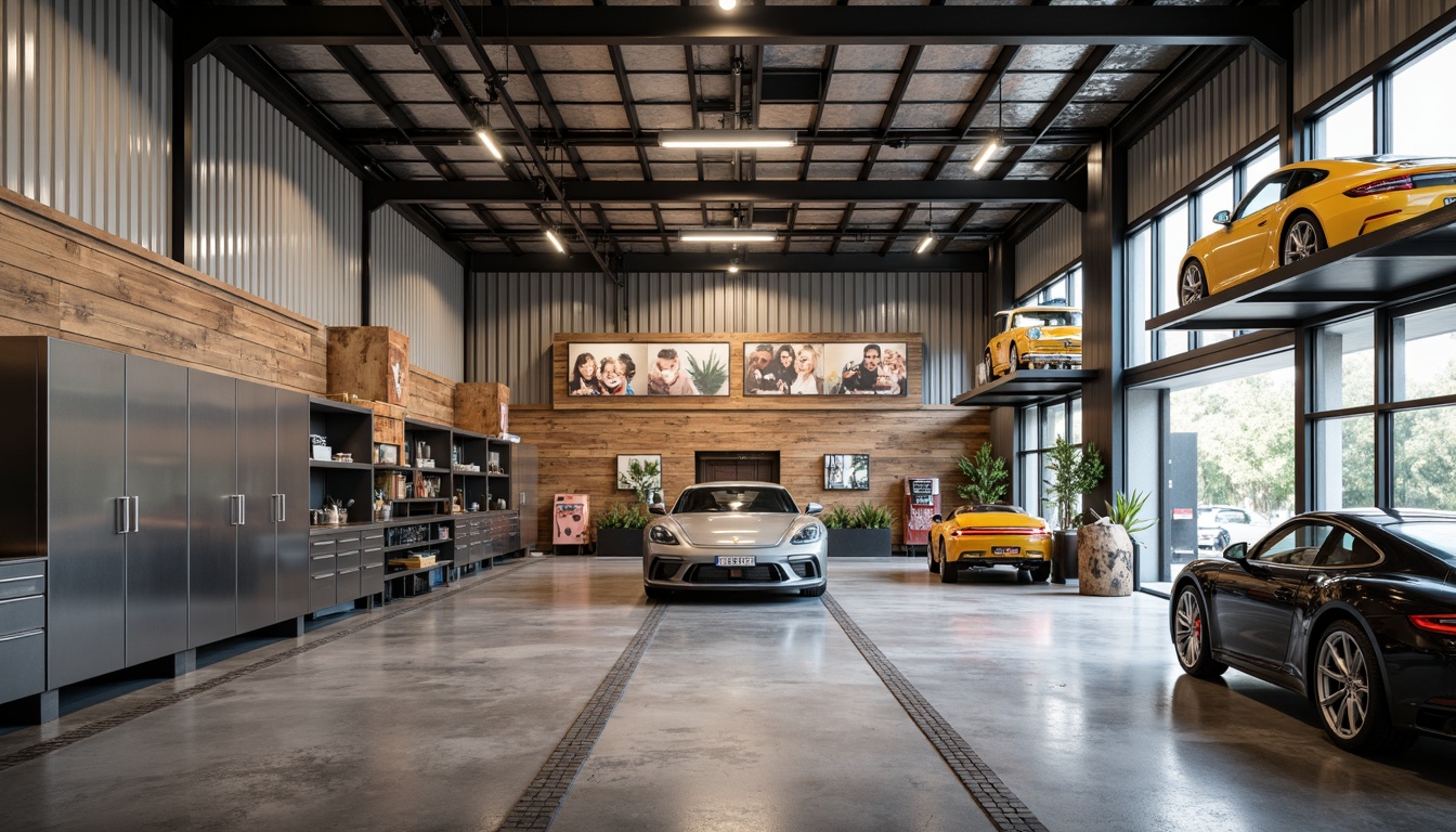 Prompt: Modern garage, industrial-style metal walls, polished concrete floors, glossy epoxy coatings, metallic storage cabinets, sleek aluminum doors, frosted glass windows, rustic wooden accents, vintage car displays, high ceilings, overhead lighting, 3/4 composition, shallow depth of field, soft warm illumination.