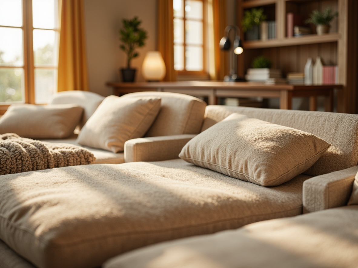 Prompt: Cozy upholstery fabric, soft velvety texture, warm beige color, natural woven fibers, comfortable seating arrangement, plush cushions, ergonomic design, relaxing ambiance, calming atmosphere, serene interior space, abundant natural light, warm golden lighting, 1/1 composition, shallow depth of field, realistic rendering, ambient occlusion.