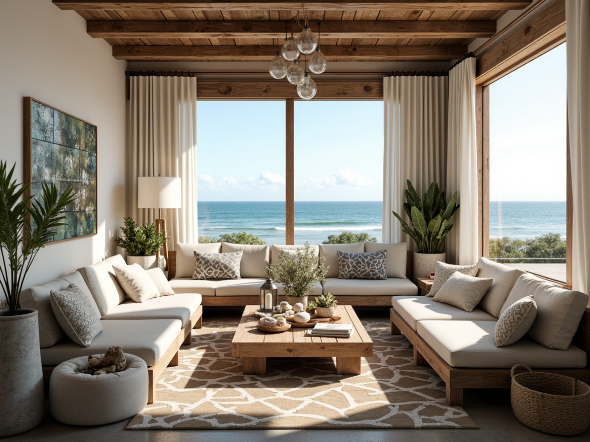 Prompt: Cozy coastal nook, plush cushions, weathered wood accents, driftwood coffee tables, natural fiber rugs, soft billowy curtains, sea-glass pendant lights, coral-inspired patterns, ocean-blue hues, distressed wood benches, nautical rope details, lantern-style lighting, beachy textures, warm sunny day, gentle sea breeze, shallow depth of field, 1/2 composition, intimate atmosphere, realistic materials.