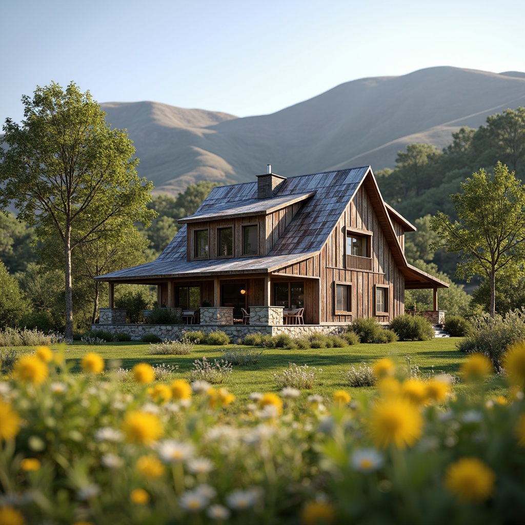 Prompt: Rustic farmhouse, wooden shingle cladding, weathered boards, natural stone foundations, corrugated metal roofing, distressed wood accents, earthy color palette, rural landscape, rolling hills, green pastures, wildflower fields, sunny day, soft warm lighting, shallow depth of field, 3/4 composition, panoramic view, realistic textures, ambient occlusion.