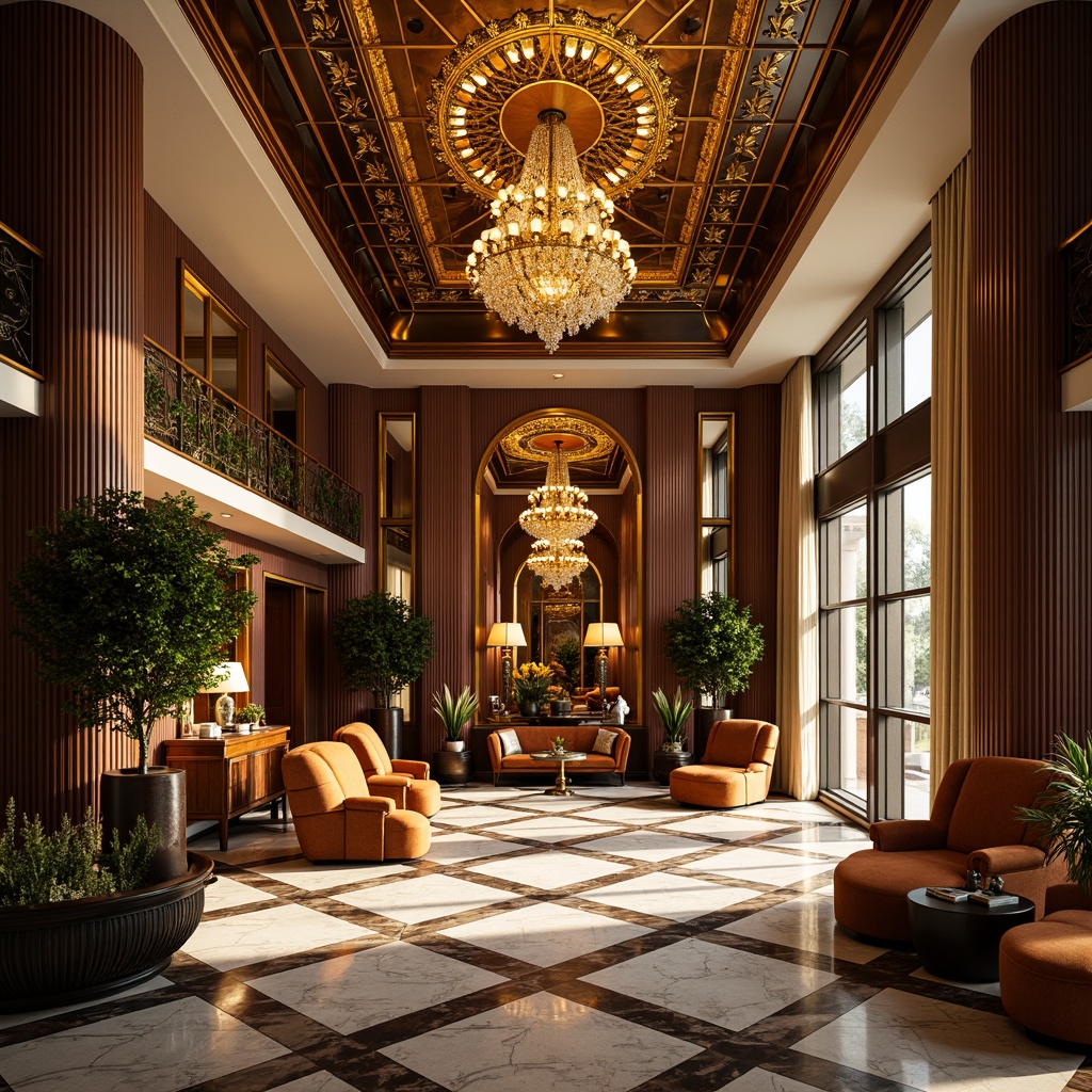 Prompt: Luxurious Art Deco mansion, ornate metalwork, geometric patterns, lavish chandeliers, marble floors, opulent furnishings, velvet drapes, metallic accents, sunburst motifs, zigzag lines, bold color schemes, ornamental mirrors, gilded details, sculptural elements, fluted columns, crystal fixtures, dramatic lighting, high-contrast shadows, 1/1 composition, symmetrical arrangement, warm golden tones, soft focus blur.