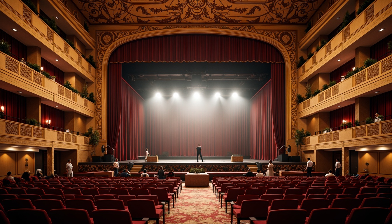 Prompt: Amphitheater interior, curved seating, tiered rows, ornate stage, lavish drapery, rich textiles, velvet fabrics, intricate patterns, golden accents, soft warm lighting, dramatic spotlights, shallow depth of field, 2/3 composition, realistic textures, ambient occlusion.