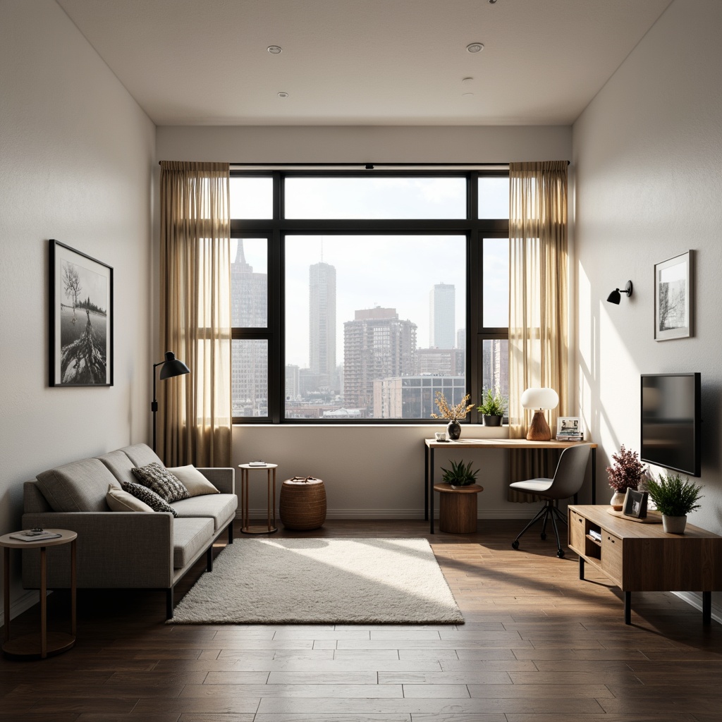 Prompt: Minimalist dorm room, functional furniture, industrial metal frames, monochromatic color scheme, sleek lines, geometric shapes, sparse decorations, ample natural light, large windows, wooden flooring, simple textiles, angular lamps, modernist art pieces, limited ornamentation, airy atmosphere, soft warm lighting, 1/1 composition, realistic textures, ambient occlusion.