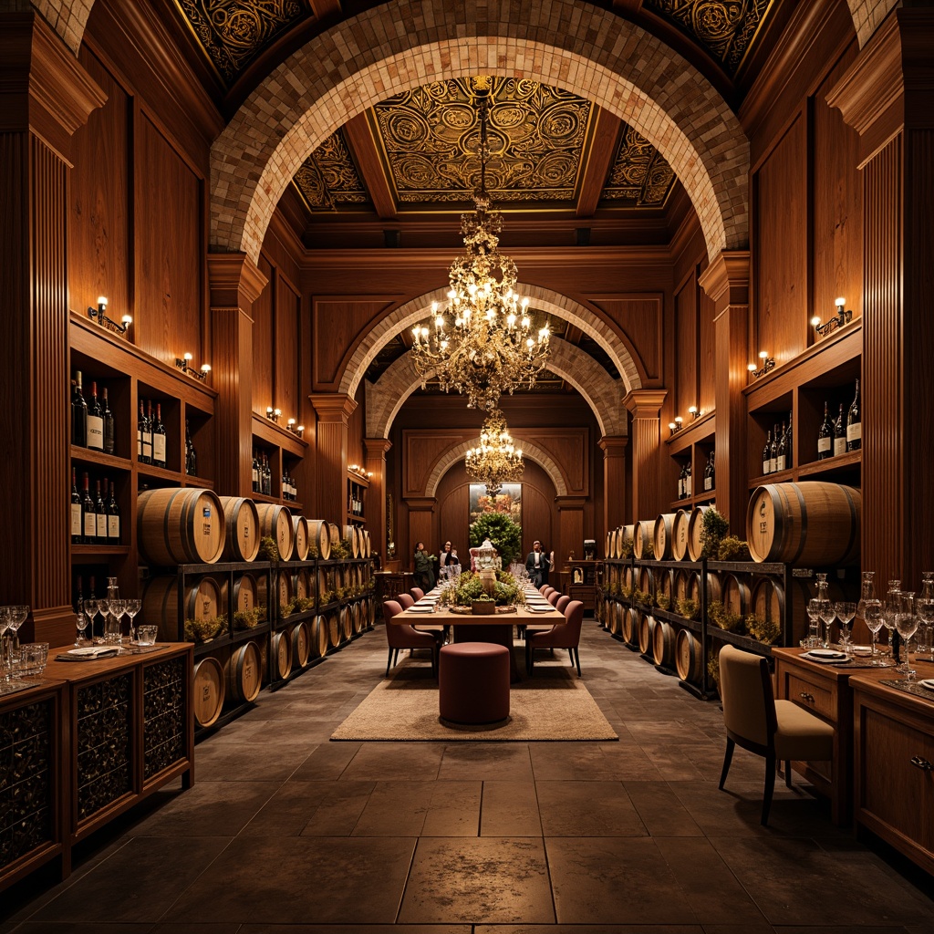 Prompt: \Opulent wine cellar, rich wood paneling, ornate metalwork, lavish chandeliers, warm golden lighting, soft candlelight, vintage wine barrels, distressed stone walls, rustic brick arches, intricate carvings, luxurious velvet drapes, crystal decanters, antique furniture pieces, dimmable LED lights, ambient shadows, 1/2 composition, low-key photography, realistic reflections.\