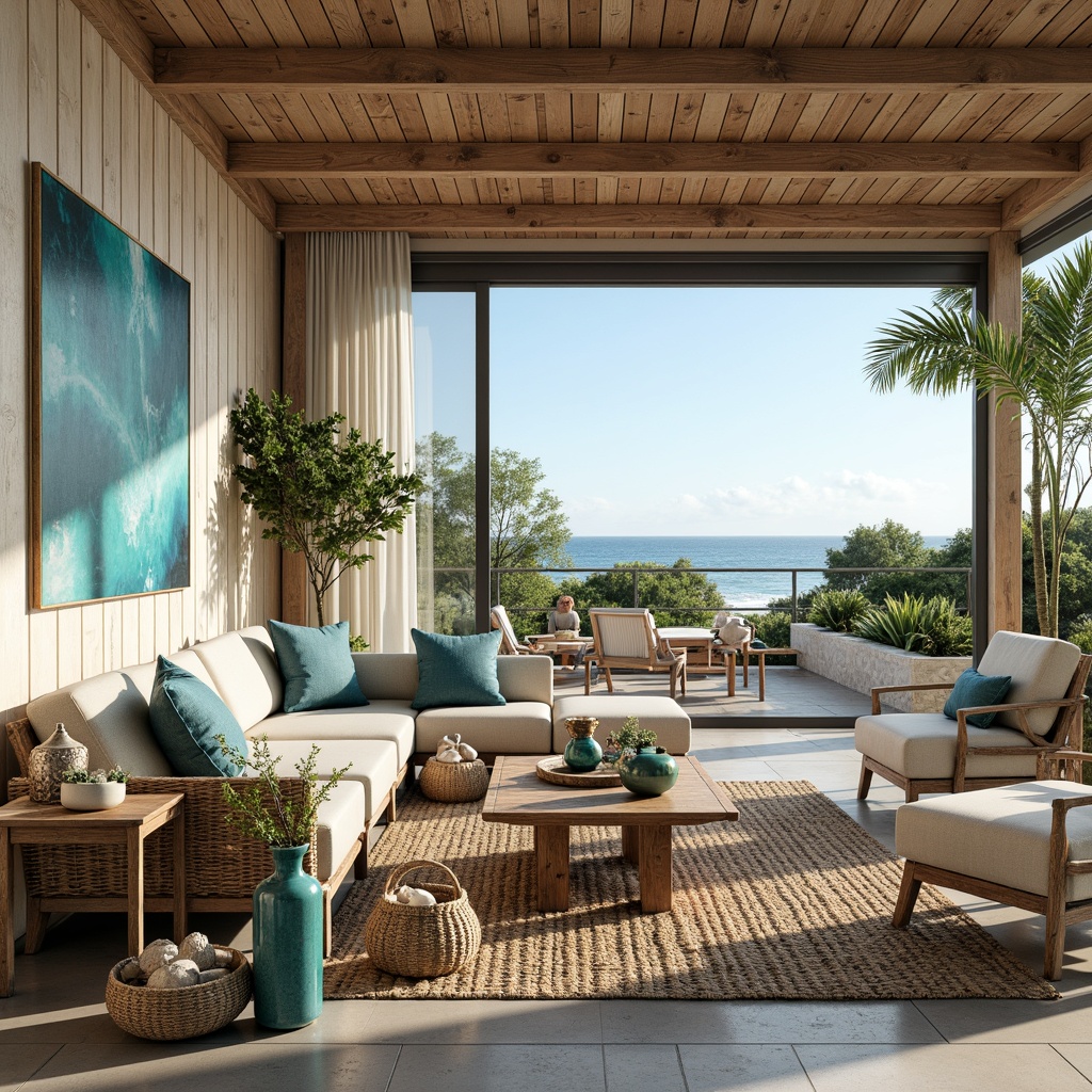 Prompt: Coastal living room, driftwood furniture, woven sea grass rugs, coral-inspired vases, turquoise glass accents, nautical ropes, distressed wood walls, ocean-blue color palette, natural textures, beachy atmosphere, soft warm lighting, 1/1 composition, shallow depth of field, realistic render, ambient occlusion, seashell decorations, fish-shaped accessories, woven rattan baskets, potted palm trees, large windows, sliding glass doors, sunny day, clear blue sky.