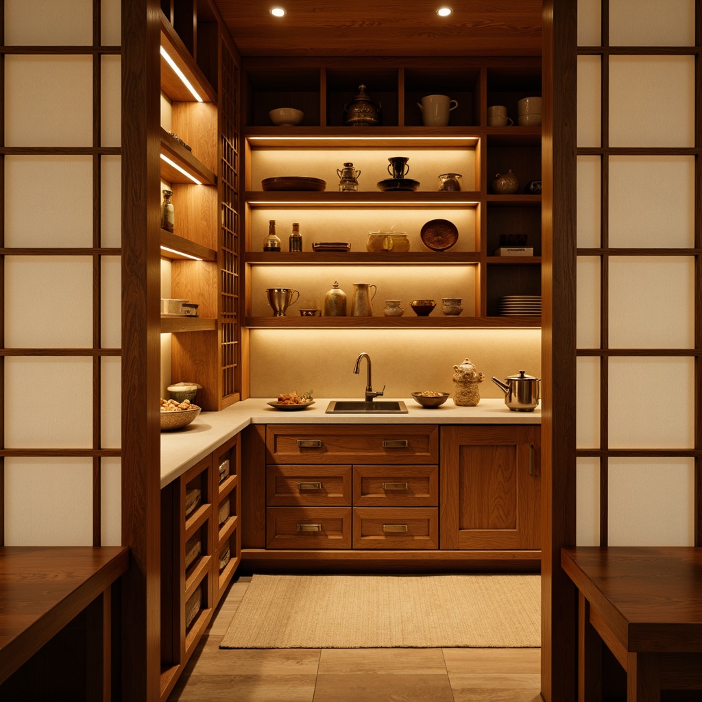 Prompt: Warm Asian-style pantry, traditional Japanese Shoji screens, natural wood accents, subtle rice paper textures, warm beige tones, soft golden lighting, pendant lanterns, woven bamboo shades, ambient gentle glow, shallow depth of field, 1/1 composition, realistic wood grain details, warm color temperature, cozy intimate atmosphere, hidden LED strips, concealed fixtures, minimalist design elements.