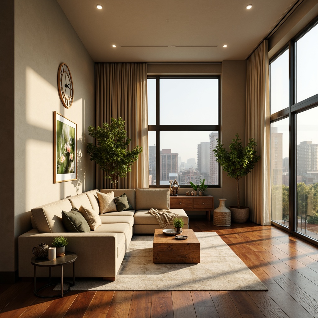 Prompt: Cozy living room, warm beige walls, rich walnut flooring, plush velvet sofa, soft golden lighting, nature-inspired color scheme, earthy tones, muted sage green accents, creamy white trim, rustic wooden decor, textured throw blankets, industrial metal frames, floor-to-ceiling windows, cityscape views, gentle morning sunlight, atmospheric shading, 1/2 composition, harmonious color harmony.