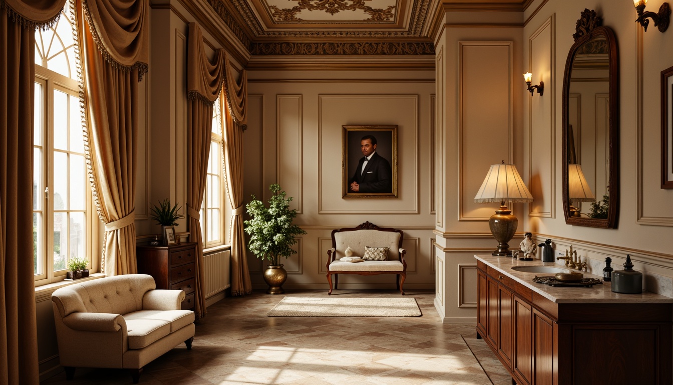 Prompt: Elegant powder room, rich wood paneling, ornate molding, soft cream walls, subtle texture, warm golden lighting, luxurious velvet drapes, antique furniture pieces, refined accessories, academic-inspired artwork, traditional architecture, symmetrical composition, shallow depth of field, 1/1 aspect ratio, realistic textures, ambient occlusion.