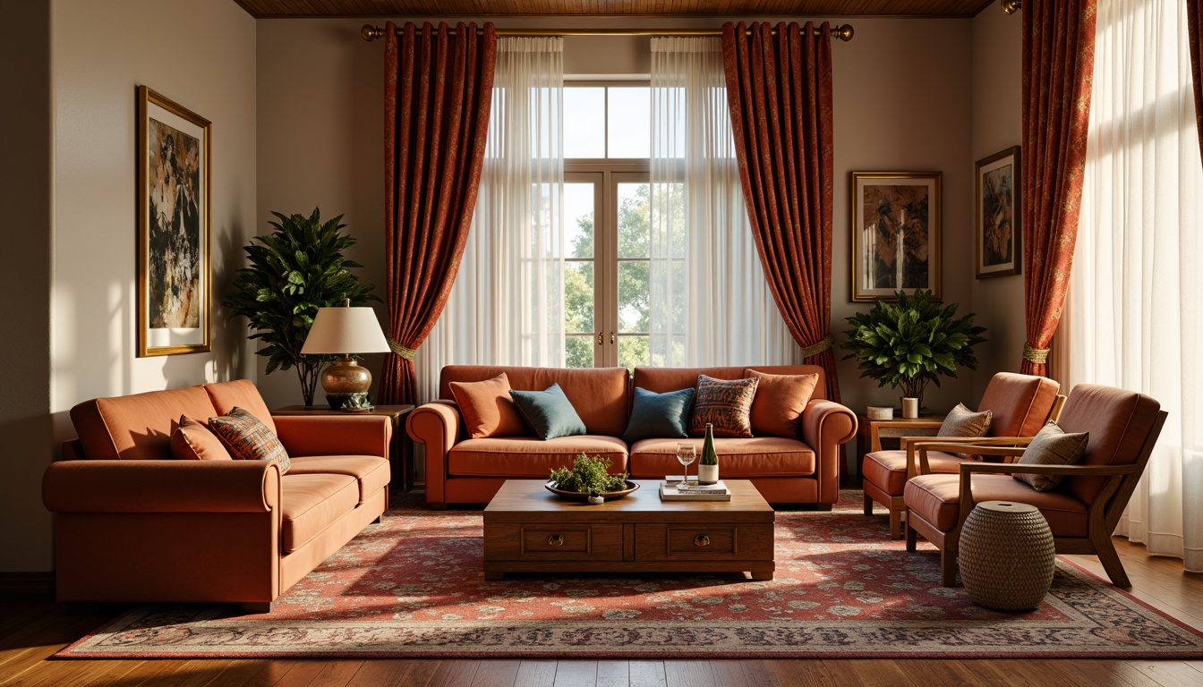 Prompt: Cozy living room, plush velvet sofa, soft cushioned chairs, warm beige walls, rich wood flooring, elegant drapery, intricate woven patterns, vibrant colorful throw pillows, luxurious silk fabrics, subtle shimmering effects, gentle natural lighting, 1/2 composition, intimate atmosphere, realistic textures, ambient occlusion.