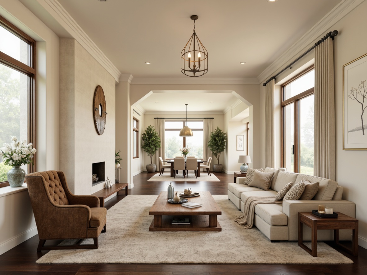 Prompt: Creamy beige walls, dark hardwood floors, plush area rugs, elegant sectional sofas, tufted velvet armchairs, reclaimed wood coffee tables, metallic accents, glass pendant lights, natural fiber throw pillows, subtle patterned fabrics, neutral color palette, luxurious textiles, minimalist decor, open floor plans, high ceilings, abundant natural light, soft warm ambiance, 1/1 composition, shallow depth of field, realistic reflections.