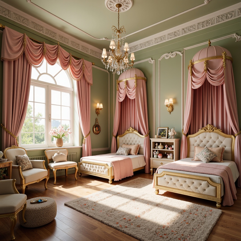 Prompt: Whimsical kids' room, Rococo style furniture, ornate carvings, gilded accents, soft pastel colors, luxurious fabrics, tufted upholstery, curved lines, intricate patterns, playful accessories, toy storage cabinets, canopy beds, velvet drapes, crystal chandeliers, vintage dolls, antique toys, warm golden lighting, shallow depth of field, 1/1 composition, realistic textures, ambient occlusion.