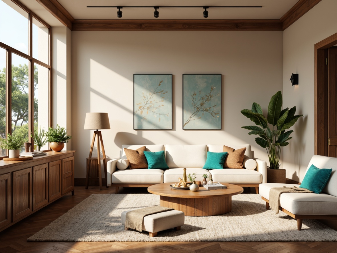 Prompt: Cozy apartment interior, warm beige walls, rich walnut wood floors, soft cream-colored furniture, plush velvet upholstery, vibrant turquoise accents, natural linen textiles, earthy terracotta pottery, industrial metal lighting, airy open-plan living space, large windows with city views, morning sunlight, soft diffused light, 1/1 composition, realistic materials, ambient occlusion.