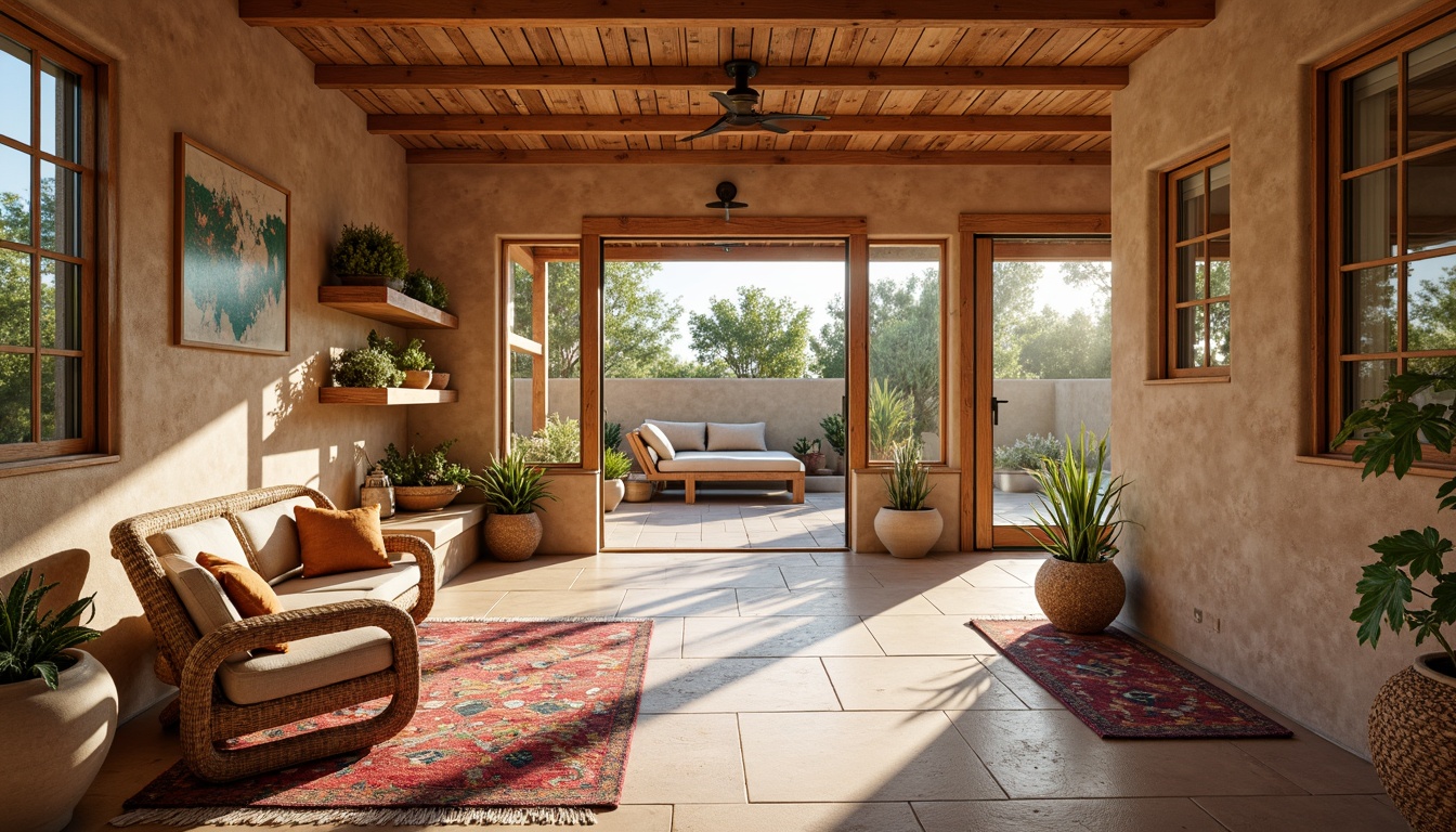 Prompt: Southwestern mudroom, warm earthy tones, rustic wooden accents, woven baskets, colorful kilim rugs, vibrant turquoise accessories, geometric patterned textiles, natural stone flooring, earthy ceramics, adobe-inspired walls, modern farmhouse architecture, large windows, sliding glass doors, desert botanicals, cactus plants, sunny day, soft warm lighting, shallow depth of field, 3/4 composition, panoramic view, realistic textures, ambient occlusion.