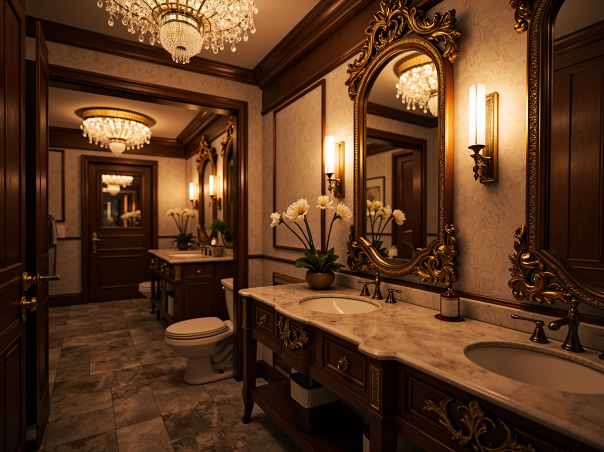 Prompt: Elegant powder room, soft warm lighting, ornate mirrors, marble countertops, luxurious velvet fabrics, antique gold fixtures, delicate floral patterns, refined Victorian-era inspiration, intimate scale, cozy atmosphere, wall-mounted sinks, crystal chandeliers, rich wood tones, subtle textures, 3/4 composition, shallow depth of field, realistic reflections.