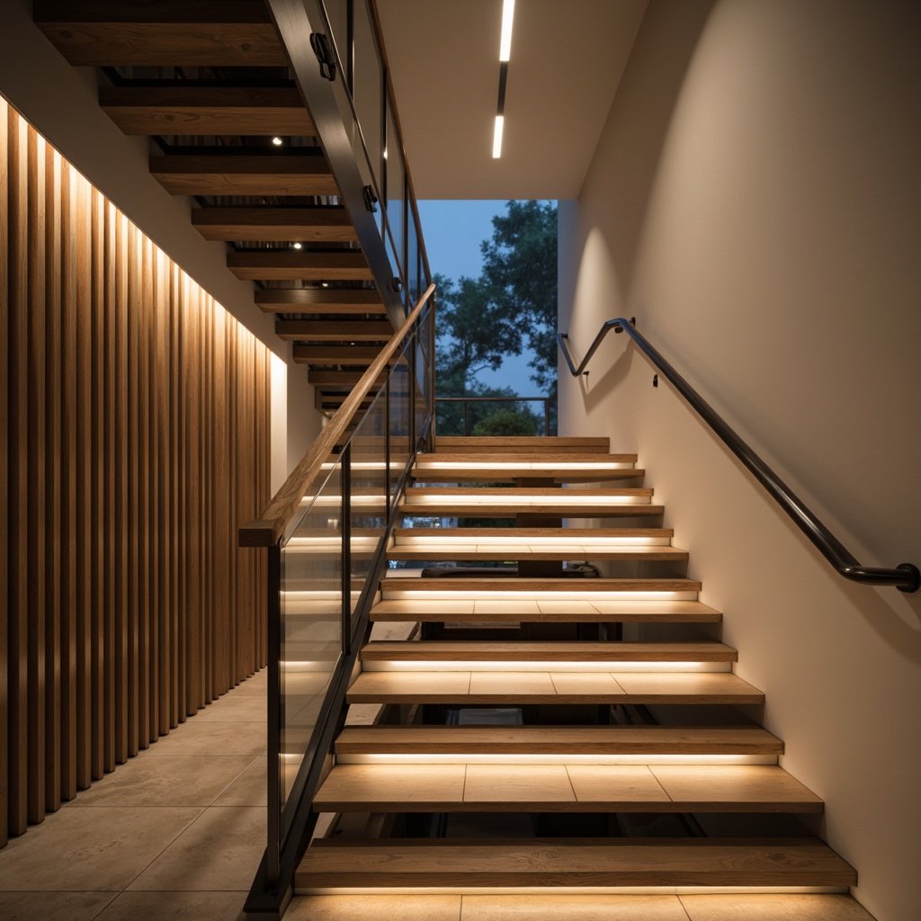 Prompt: Modern staircase, sleek metal railings, minimalist design, low-profile LED strip lights, warm white ambient glow, soft shadow effects, indirect lighting, concealed light sources, polished chrome accents, luxurious wood treads, transparent glass balustrades, open risers, floating stair effect, subtle color temperatures, dramatic vertical illumination, 1/2 composition, atmospheric perspective, realistic reflections.