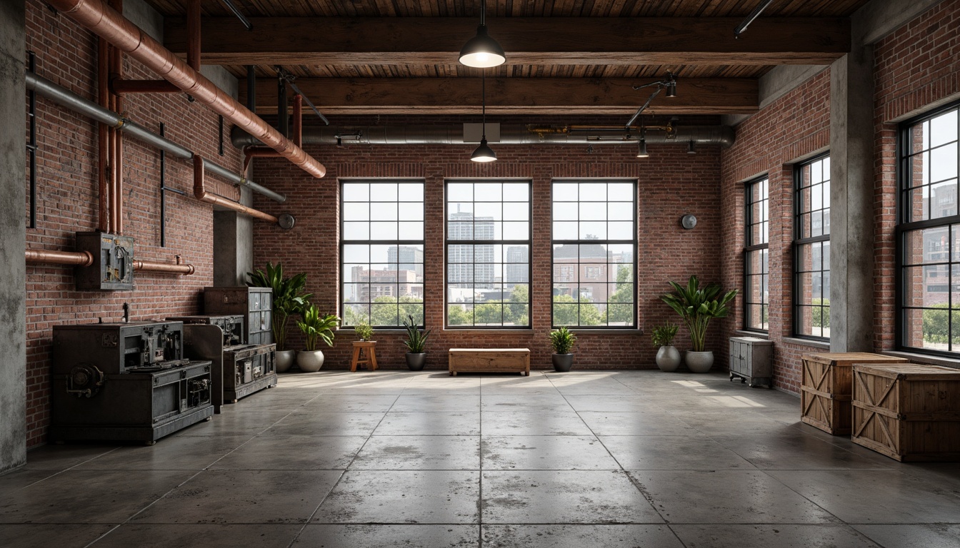 Prompt: Industrial warehouse, exposed brick walls, metal beams, reclaimed wood floors, distressed concrete columns, industrial-style lighting fixtures, metallic accents, copper pipes, steel machinery, rustic wooden crates, urban cityscape, cloudy day, softbox lighting, shallow depth of field, 1/2 composition, realistic textures, ambient occlusion.