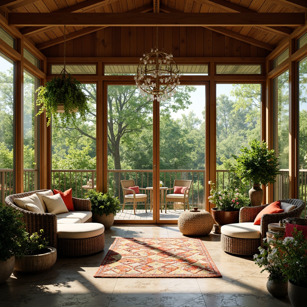 Prompt: Vibrant sunroom, lush greenery, natural stone flooring, wooden beams, large windows, sliding glass doors, comfortable wicker furniture, colorful throw pillows, patterned rugs, decorative vases, blooming flowers, warm sunny day, soft diffused lighting, 1/1 composition, intimate cozy atmosphere, realistic textures, ambient occlusion.