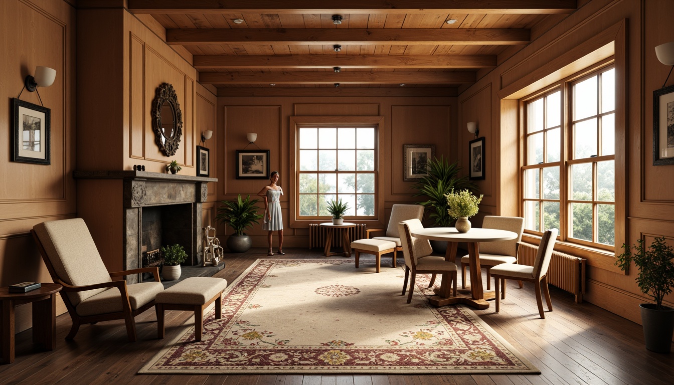 Prompt: Rich wood tones, warm beige hues, classic hardwood floors, distressed finishes, ornate rugs, plush carpets, soft pastel colors, vintage patterns, intricate border designs, traditional furnishings, cozy atmosphere, warm lighting, 3/4 composition, shallow depth of field, realistic textures.