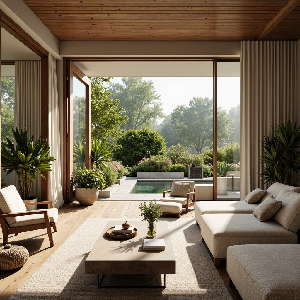 Prompt: Soothing living room, calm color palette, natural textures, wooden accents, plush furniture, airy atmosphere, abundant sunlight, sliding glass doors, lush greenery, vibrant flowers, tranquil water features, soft warm lighting, cozy reading nooks, comfortable seating areas, modern minimalist decor, elegant curves, flowing lines, 3/4 composition, realistic renderings, ambient occlusion.