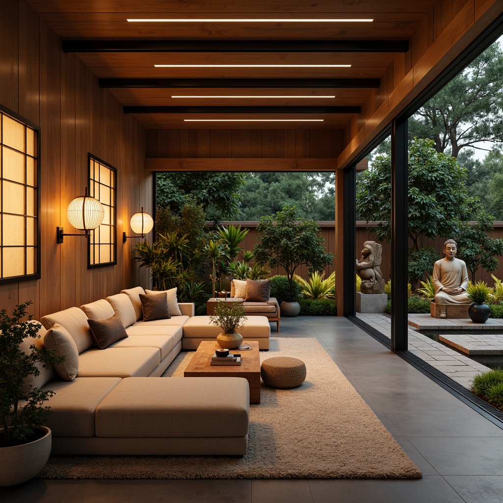 Prompt: Warm Asian-inspired family garage, soft warm lighting, lantern-style lamps, natural wood accents, traditional Japanese shoji screens, sliding glass doors, modern minimalist decor, polished concrete floors, sleek black metal beams, subtle LED strip lights, cozy reading nooks, plush area rugs, vibrant greenery, exotic potted plants, tranquil water features, serene Buddha statues, warm beige stonework, inviting outdoor seating areas, softbox lighting, 1/1 composition, realistic textures, ambient occlusion.