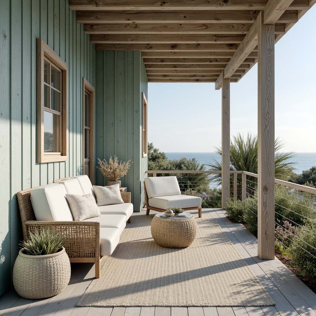 Prompt: Coastal cottage, weathered wood accents, driftwood grey, seafoam green, calming blues, crisp whites, sandy neutrals, ocean-inspired hues, natural textiles, woven fibers, beachy vibes, sunny day, soft warm lighting, shallow depth of field, 3/4 composition, panoramic view, realistic textures, ambient occlusion.