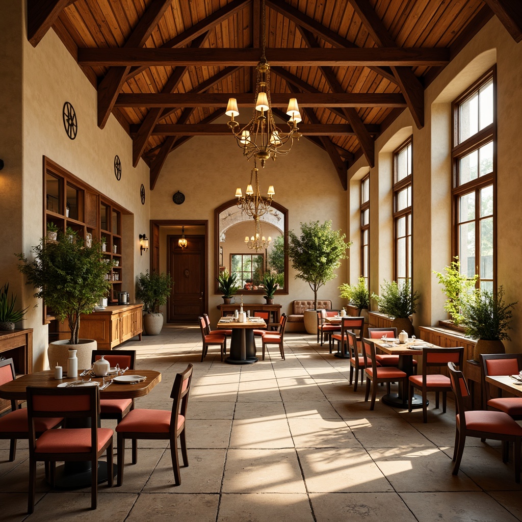 Prompt: Vibrant dining hall, rich wood accents, warm beige walls, elegant chandeliers, comfortable seating areas, rustic wooden tables, earthy tone ceramics, lively greenery, natural stone flooring, modern pendant lighting, cozy ambiance, soft golden lighting, shallow depth of field, 1/2 composition, realistic textures, ambient occlusion.