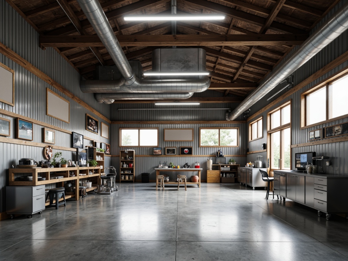 Prompt: Modern garage design, industrial-style metal walls, exposed ductwork, polished concrete floors, epoxy-coated surfaces, rustic wood accents, stainless steel equipment, sleek LED lighting, high-gloss paint finishes, minimalist decor, urban loft ambiance, functional workstations, organized storage systems, durable materials, weather-resistant coatings, natural ventilation, abundant daylight, 1/1 composition, realistic textures, softbox lighting.