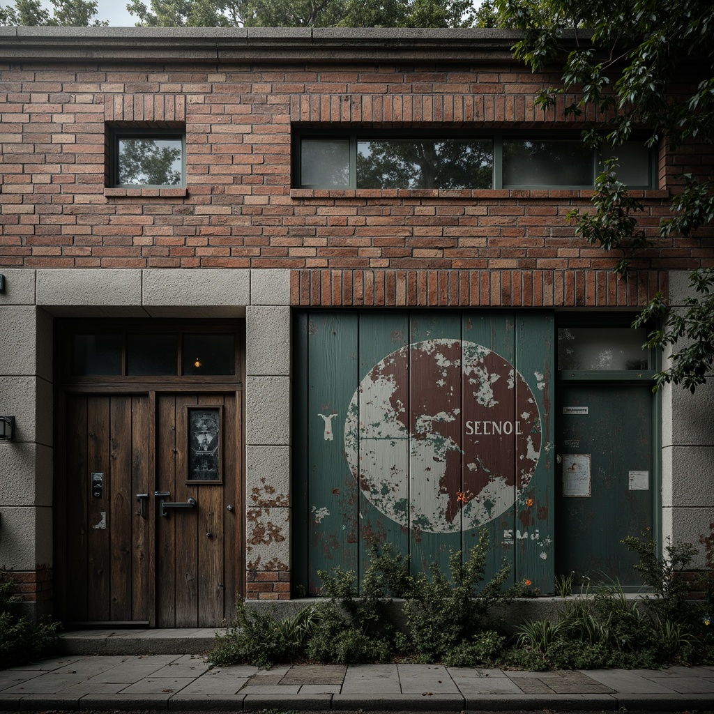 Prompt: Distressed stonewall, worn brick facade, rustic wooden planks, aged concrete surfaces, weathered metal panels, peeling paint finishes, faded murals, urban grunge atmosphere, industrial heritage setting, moody backlighting, dramatic shadows, atmospheric mist, cinematic composition, high-contrast ratio, rich textures, intricate details.