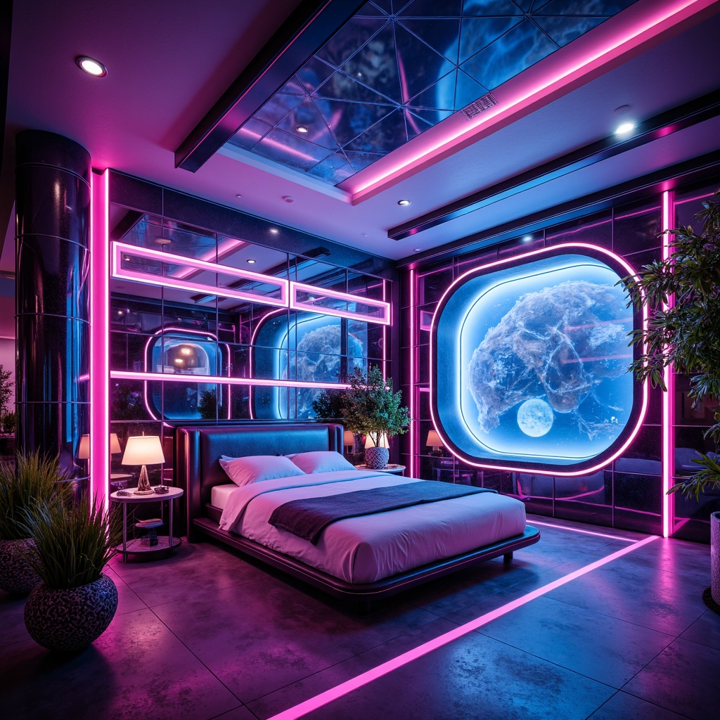 Prompt: Neon-lit futuristic interior, metallic accents, iridescent hues, holographic patterns, glowing orbs, sleek lines, minimalist decor, virtual reality-inspired elements, cyberpunk ambiance, dark moody lighting, high-gloss finishes, reflective surfaces, neon blue and pink color scheme, LED strip lights, abstract geometric shapes, 3D-printed furniture, translucent materials, ambient futuristic soundscapes, shallow depth of field, cinematic composition.