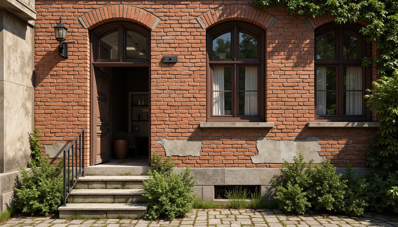 Prompt: Rustic brick walls, distressed textures, earthy tones, vintage architectural style, ornate window frames, wooden shutters, crumbling mortar, weathered bricks, rugged stone foundation, lush greenery, ivy climbing, moss-covered surfaces, warm sunny day, soft natural lighting, shallow depth of field, 1/1 composition, realistic brick patterns, ambient occlusion.