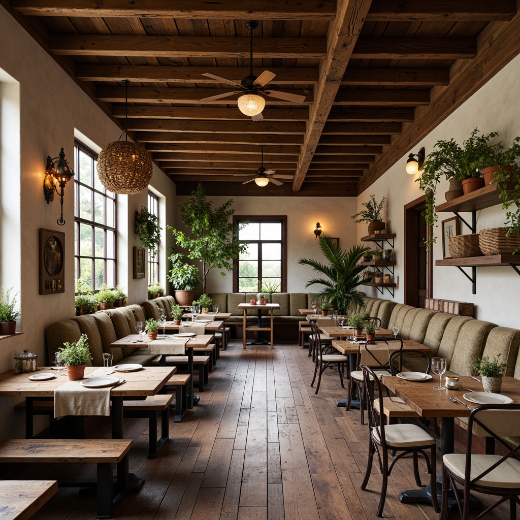 Prompt: Rustic farmhouse-style restaurant, reclaimed wood tables, vintage metal chairs, distressed wooden benches, earthy tone upholstery, natural linen tablecloths, woven wicker baskets, potted greenery, antique farming tools, exposed brick walls, wooden beam ceilings, warm soft lighting, cozy atmosphere, 1/2 composition, shallow depth of field, realistic textures.