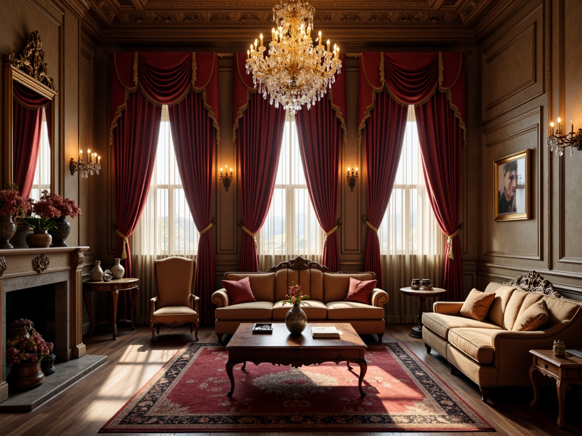 Prompt: Luxurious living room, ornate wooden furniture, rich velvet drapes, crystal chandeliers, antique vases, intricately carved wooden panels, golden frames, opulent rugs, lavish fabrics, warm candlelight, soft focus, shallow depth of field, 1/1 composition, realistic textures, ambient occlusion.