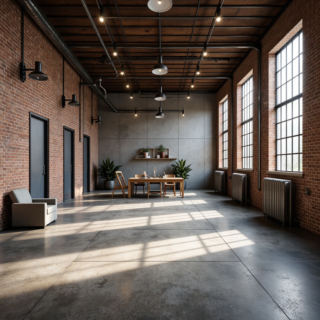 Prompt: Industrial warehouse, exposed brick walls, metal accents, silver tones, minimalist decor, reclaimed wood floors, Edison bulbs, urban loft atmosphere, natural light pouring in, open space layout, steel beams, polished concrete, modern industrial chic, metallic sheen, distressed finishes, raw textures, functional lighting, 1/1 composition, high contrast ratio, dramatic shadows, realistic reflections.