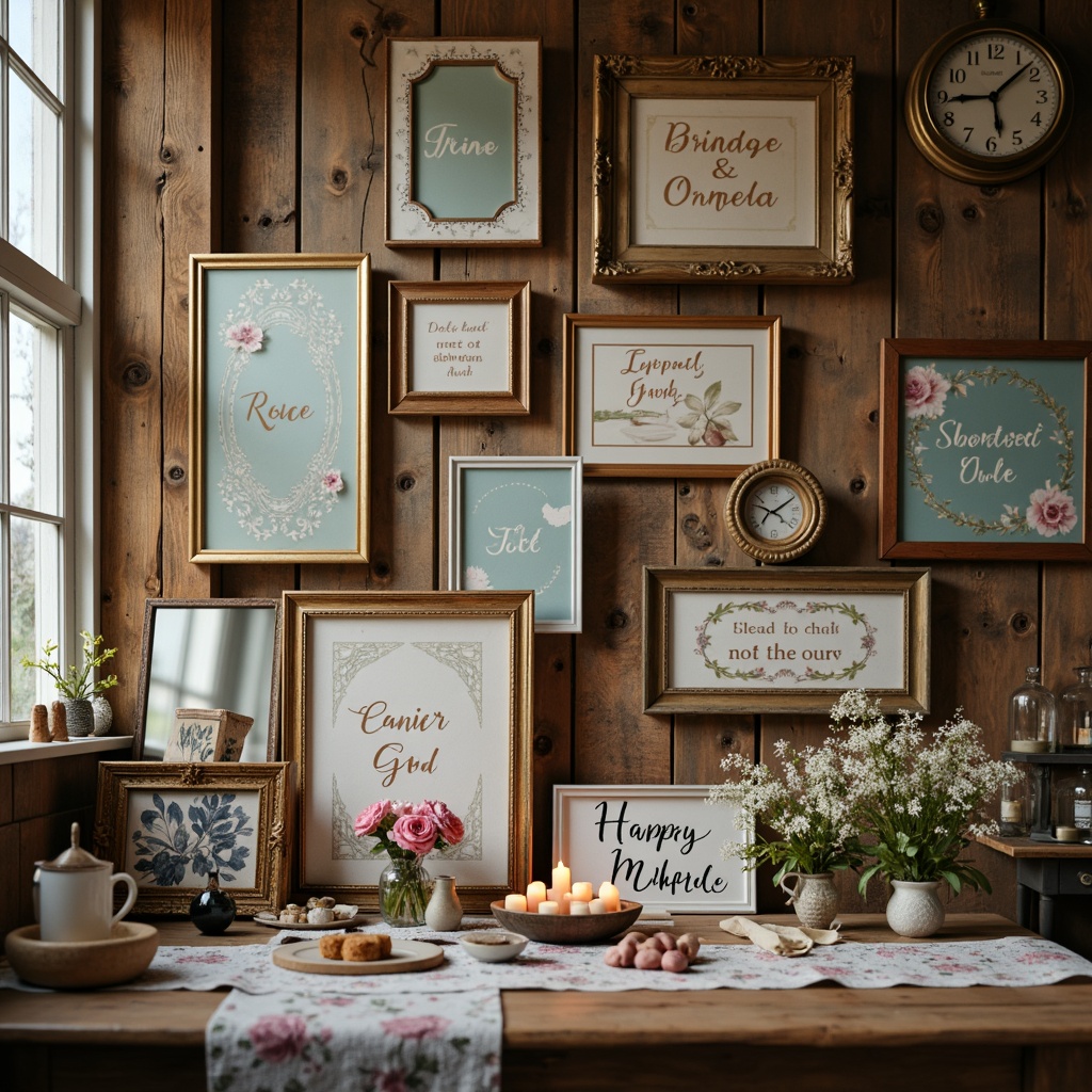 Prompt: Distressed wooden signs, vintage frames, soft pastel colors, floral patterns, lace details, ornate mirrors, rustic metal accents, natural linen textures, warm candlelight, cozy ambiance, intimate scale, asymmetrical composition, shallow depth of field, 1/1 aspect ratio, dreamy atmosphere, subtle grain effect.