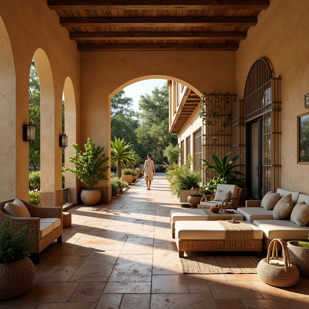 Prompt: Warm Mediterranean villa, rustic stone flooring, terracotta tiles, distressed wood planks, woven jute rugs, natural fiber textiles, earthy color palette, warm beige walls, arched windows, ornate metalwork, lush greenery, potted plants, soft warm lighting, 3/4 composition, shallow depth of field.