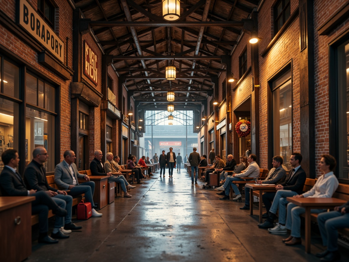 Prompt: Vintage train station, classic brick architecture, ornate metal lanterns, nostalgic wooden benches, retro-style signage, distressed textures, warm golden lighting, shallow depth of field, 1/2 composition, symmetrical framing, realistic reflections, ambient occlusion, busy platform atmosphere, rush hour crowds, steam engine sounds, old-fashioned luggage carts, richly colored fabrics, intricate clock towers.